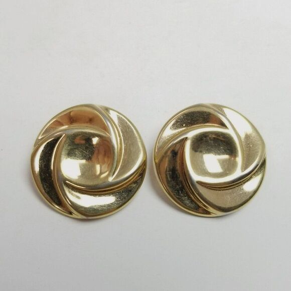 Vintage Gold Tone Clip On Earrings, Polished Spiral Style Design, Estate - Picture 2 of 6